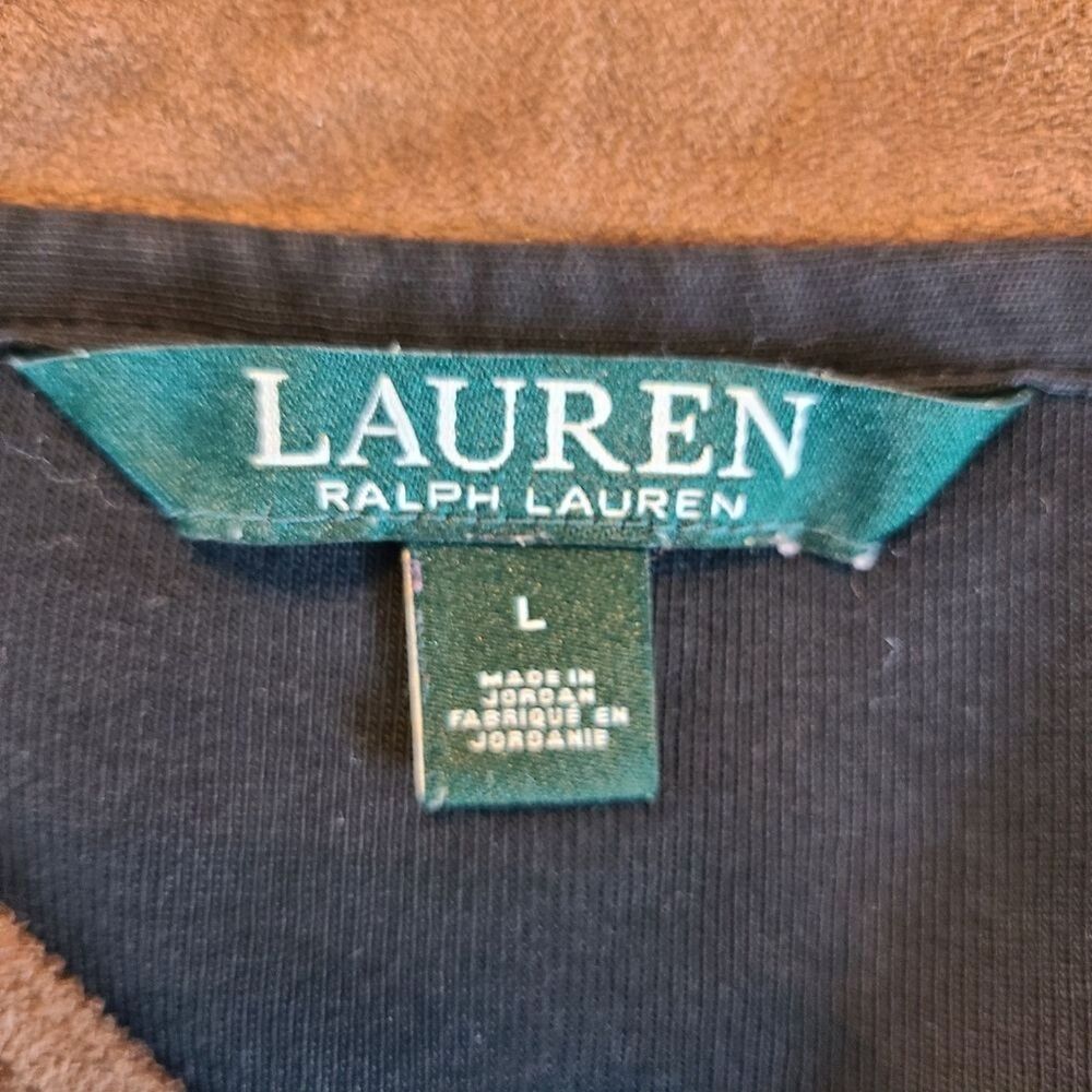 Lauren Ralph Lauren Womens L Tunic V-Neck Black Faux Suede Brown Trim Academia - Picture 8 of 13